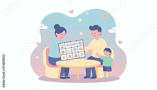 Happy family playing educational game fostering learning and bonding Childhood development