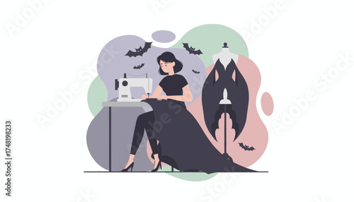 Woman sewing a dark batthemed dress for Halloween Creative fashion design for festive events