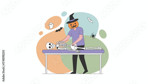 Halloween character with pumpkin head giving a skeleton a back massage Spooky fun health concept