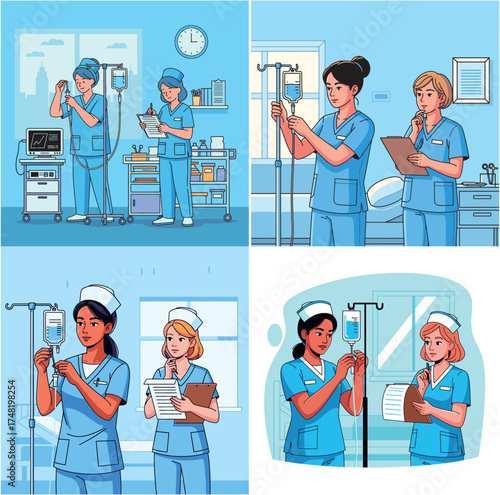 Four illustrations depict nurses in various hospital settings, adjusting IV drips and taking notes, with medical equipment visible.