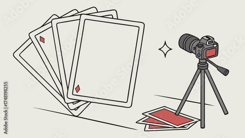 Illustration of playing cards with a camera and tripod.