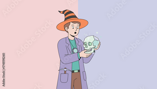 Amazed explorer in wizard hat holding a shimmering crystal skull a blend of magic and discovery