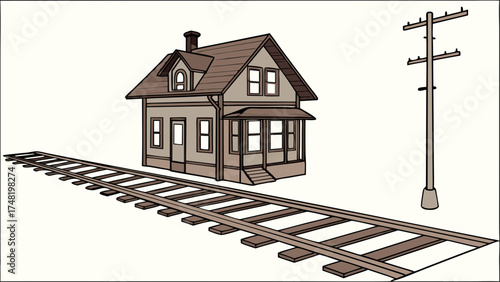 Illustration of Railroad Tracks Building and Utility Pole in a Cartoon Style.