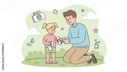 Father helps daughter with scraped knee showing care and first aid outdoors