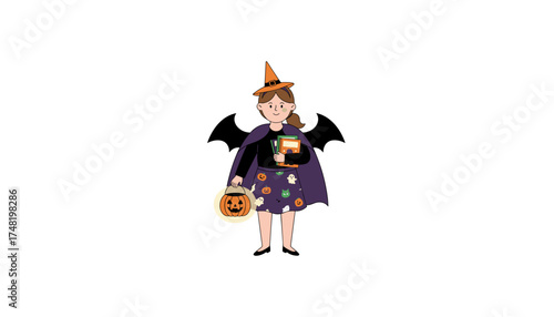Girl in witch and bat costume holds books and jackolantern for Halloween fun