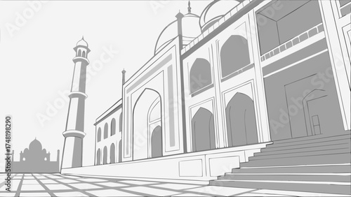 Architectural Illustration A Monumental Building in a Black and White Perspective.