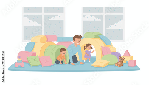 Happy family playing indoors on a rainy day building a cozy pillow fort Childhood joy bonding