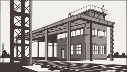 Industrial architectural illustration with railroad tracks and elevated structure.