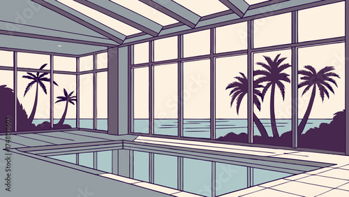Interior design illustration featuring a pool and tropical scenery.