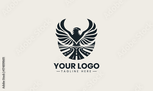 old black vector logo illustration of a powerful eagle with dynamic spread wings creating an authoritative and iconic symbol