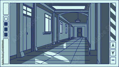 Interior hallway illustration cartoon style empty corridor with architectural details modern design.