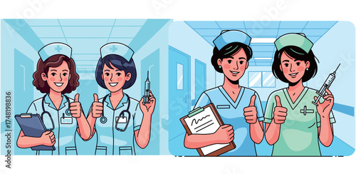 Two groups of smiling nurses in uniform, holding medical tools and giving thumbs up in a hospital setting.