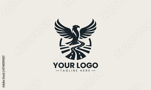old black vector logo illustration of a powerful eagle with dynamic spread wings creating an authoritative and iconic symbol