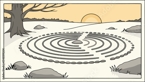 Labyrinth Illustration with Landscape Background.