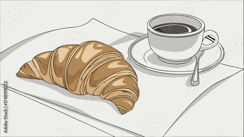 Breakfast with a Croissant and Coffee Illustration.