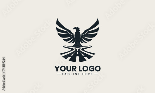 old black vector logo illustration of a powerful eagle with dynamic spread wings creating an authoritative and iconic symbol