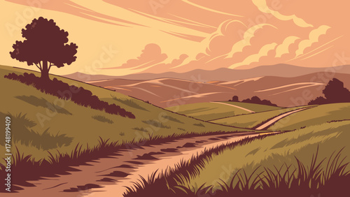 Landscape Illustration with a Dirt Path Hills and Trees.