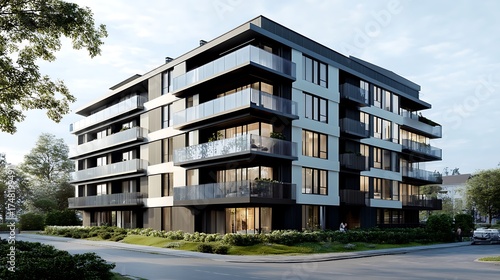 Modern apartment building exterior with balconies and green spaces around it