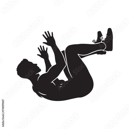 Black silhouette of a man falling backward, isolated on a white background. Vector illustration symbolizing accident, risk, failure, or stunt.
