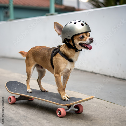Cute Chihuahua Dog Wearing Helmet Standing on Skateboard Illustration