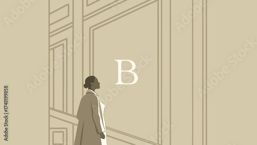 Minimalist Illustration of a Person Looking at a Door with Letter B.