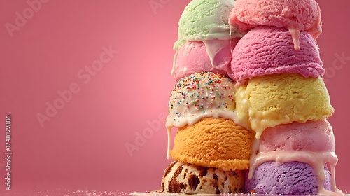 Tempting photograph of a large stack of colorful ice cream scoops, melting and dripping down the sides against a solid, vibrant pink background.
