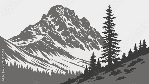 Mountain and Forest Silhouette Illustration.