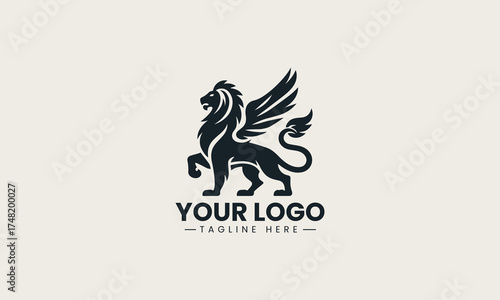 Majestic black vector logo illustration of a powerful winged lion in a heraldic pose for luxury brand symbolism