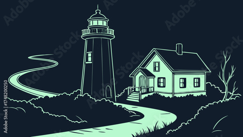 Coastal Illustration Lighthouse and House Vector Art.