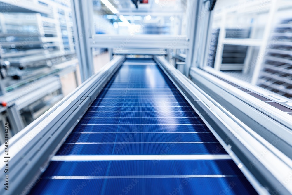 Fototapeta premium Industrial solar panel conveyor system with blue modules in a high tech facility