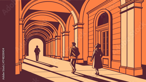 People Walking Through Arched Corridor Illustration.