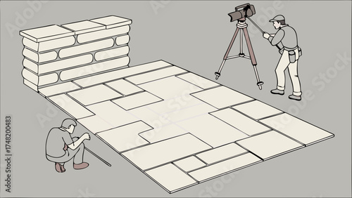 Construction Workers Installing Stone Pavers and Wall.