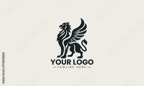 Majestic black vector logo illustration of a powerful winged lion in a heraldic pose for luxury brand symbolism