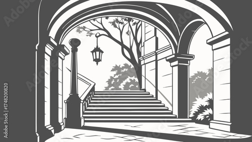 Elegant Architectural Silhouette with Stairway and Arches.