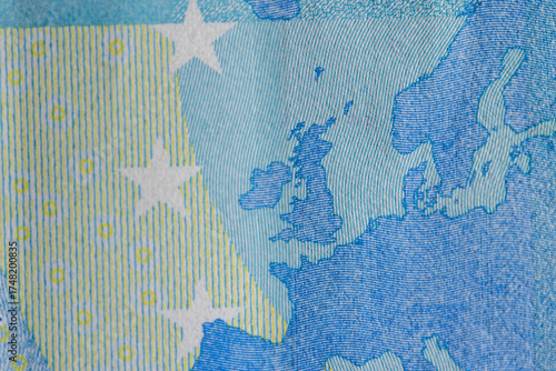 Details of the new blue twenty euro banknote of the European Union , part of the genuine 20 euro banknote, close up