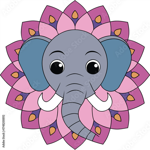 Vector art of a charming cartoon elephant mandala design, featuring a cute elephant face surrounded by colorful floral petals in shades of pink, purple, and gold