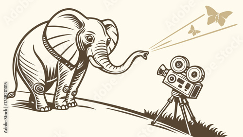 Elephant Filming Butterflies Cartoon Illustration.
