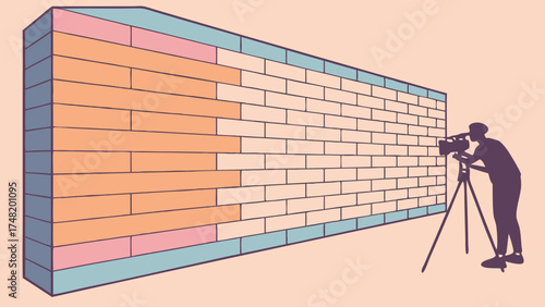 Photographer with camera facing an abstract wall.