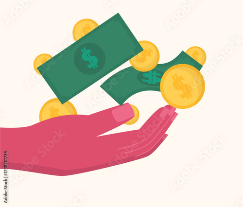 Hand with Money and Gold Coins in the Palm of the Hand. Spending Concept Illustration