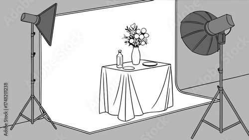 Photography Studio Setup with Props and Lighting.