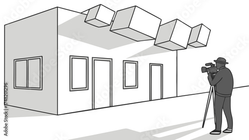 Filming a Scene at a Modern Building Vector Illustration.