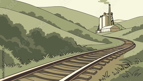 Railway tracks winding through a pastoral landscape with factory in the background.