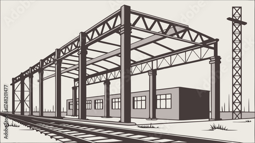 Retro Industrial Scene with Railway and Building.