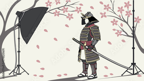 Samurai Warrior with Sword and Photography Equipment Illustration.
