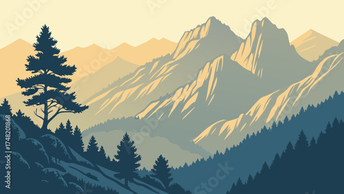 Scenic Mountain Landscape with Trees and Colorful Sky.