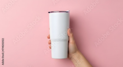 Hand holding a white stainless steel tumbler on a pink background isolated on white background