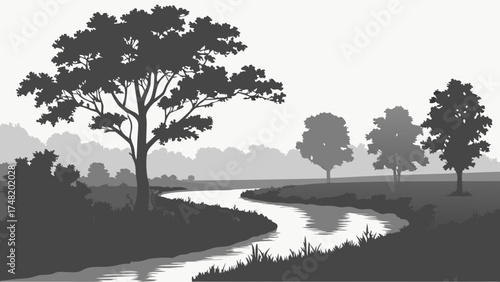 Serene Landscape Silhouette River and Trees.
