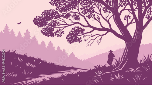 Silhouette of a person under a tree a bird forest landscape scenery nature graphic illustration.