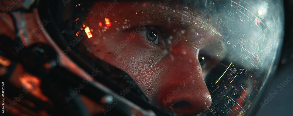 Obraz premium Reflected image of an astronauts face in cockpit with holographic displays and advanced HUD graphics