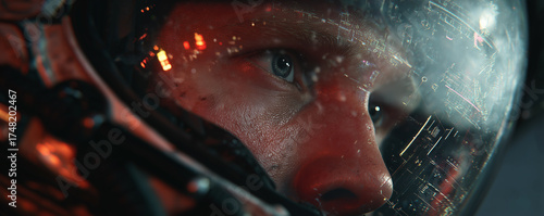 Reflected image of an astronauts face in cockpit with holographic displays and advanced HUD graphics